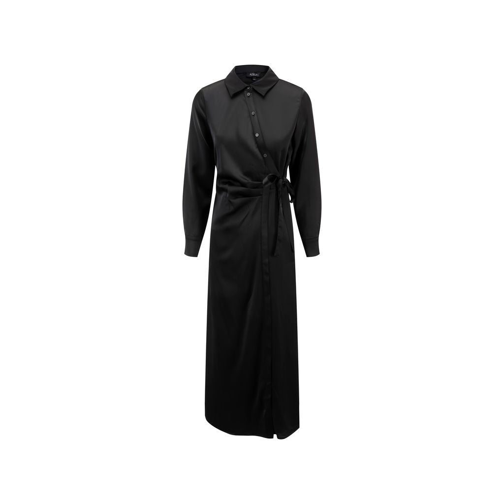 Black Solid Dress With Diagonal Placket