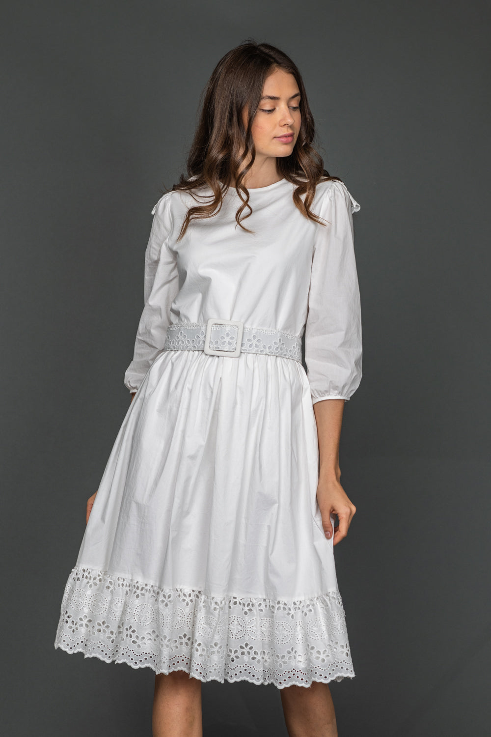 White Dress With Eyelet Detail And Belt