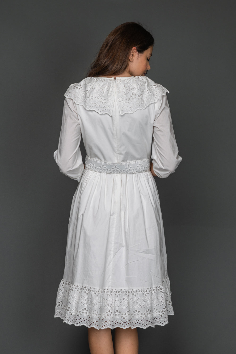 White Dress With Eyelet Detail And Belt