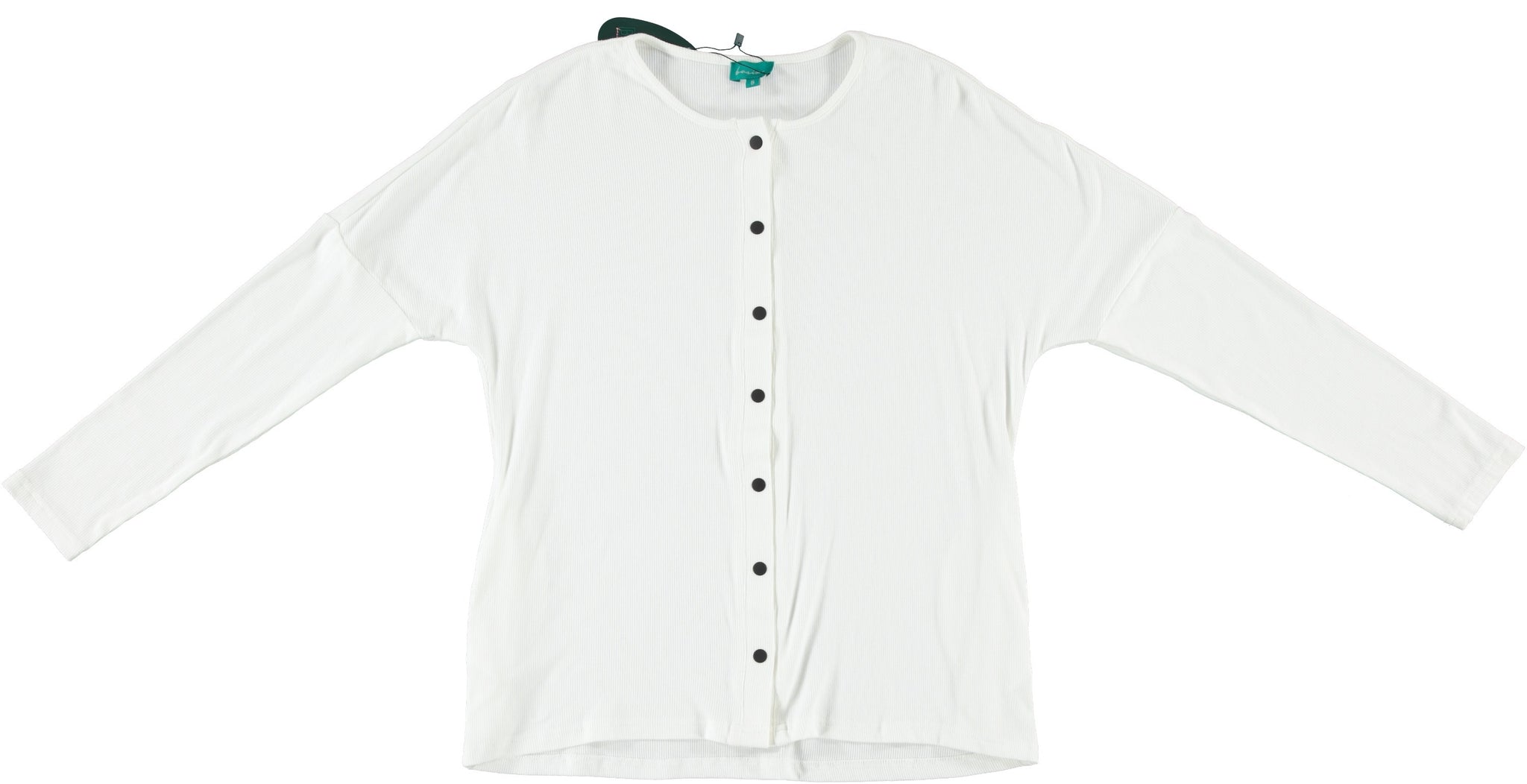 White Ribbed Button Up Top With Black Snaps And A Thin Pocket