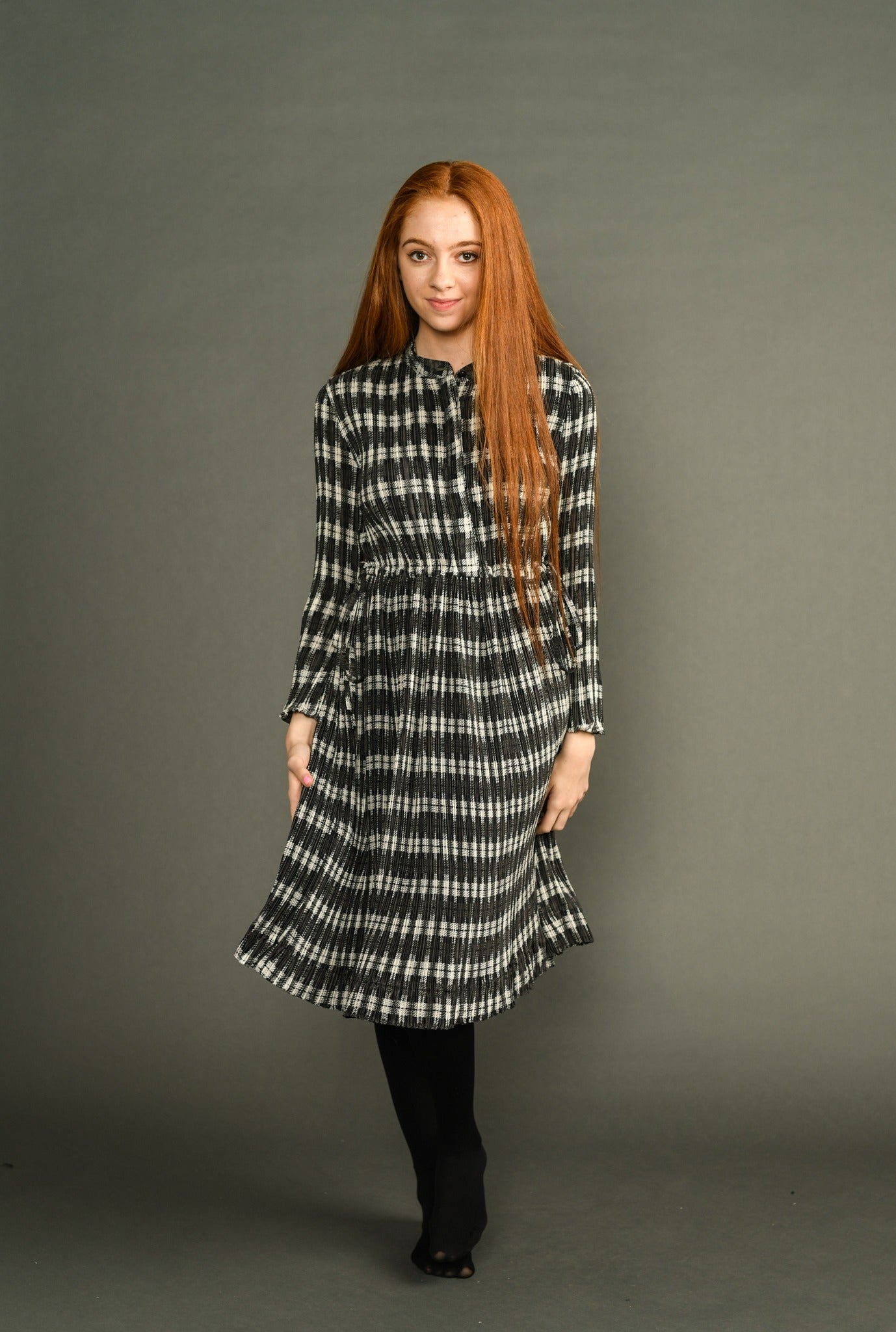 Olive Pleated Checkerboard Dress