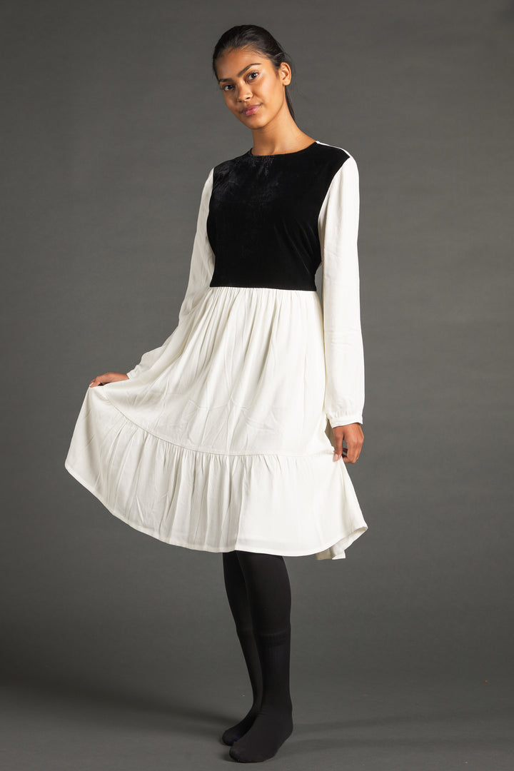 White Crepe Dress With Black Velvet Front