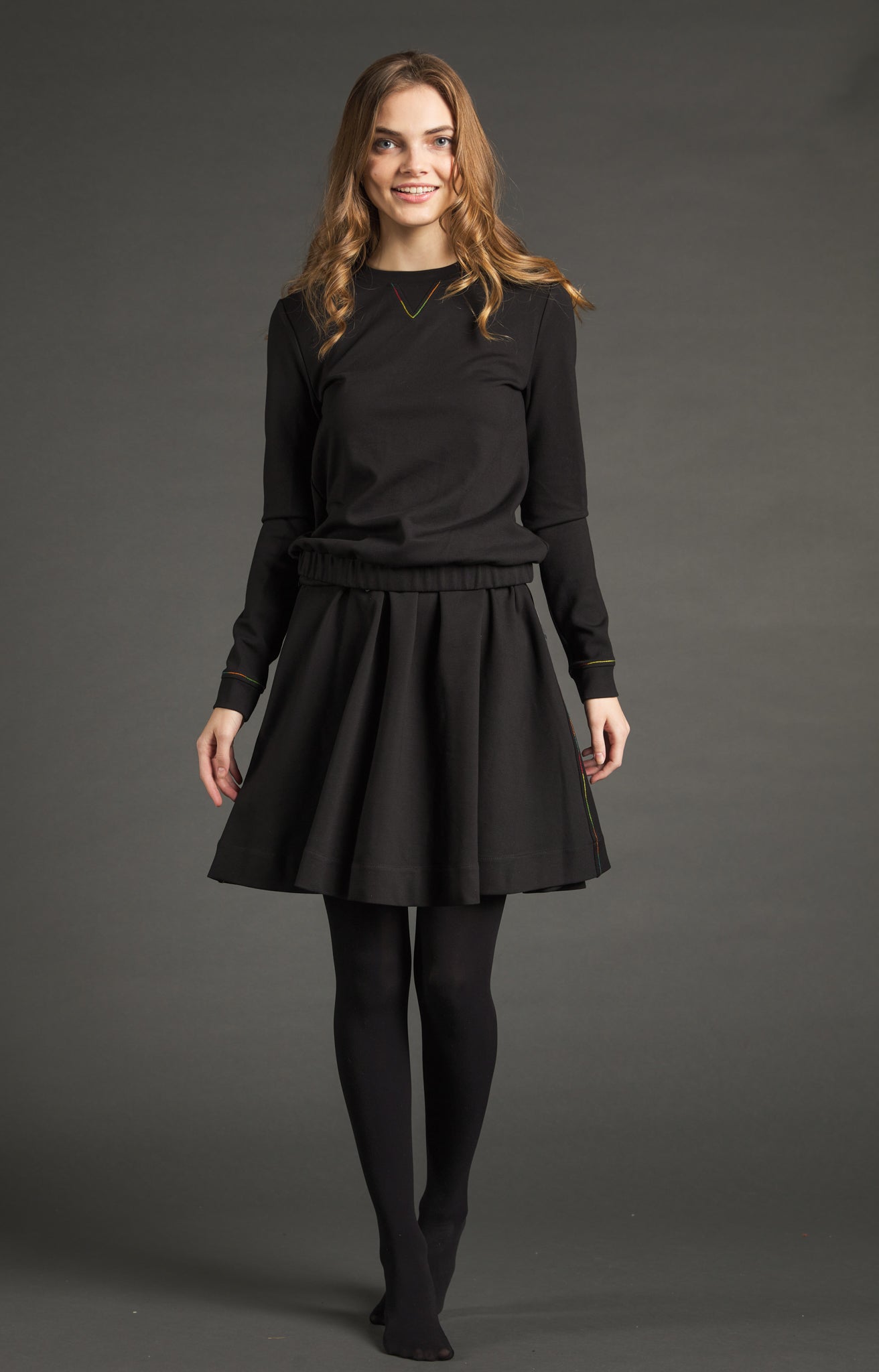 Black Sweatshirt Skirt With Multicolored Exposed Stitching