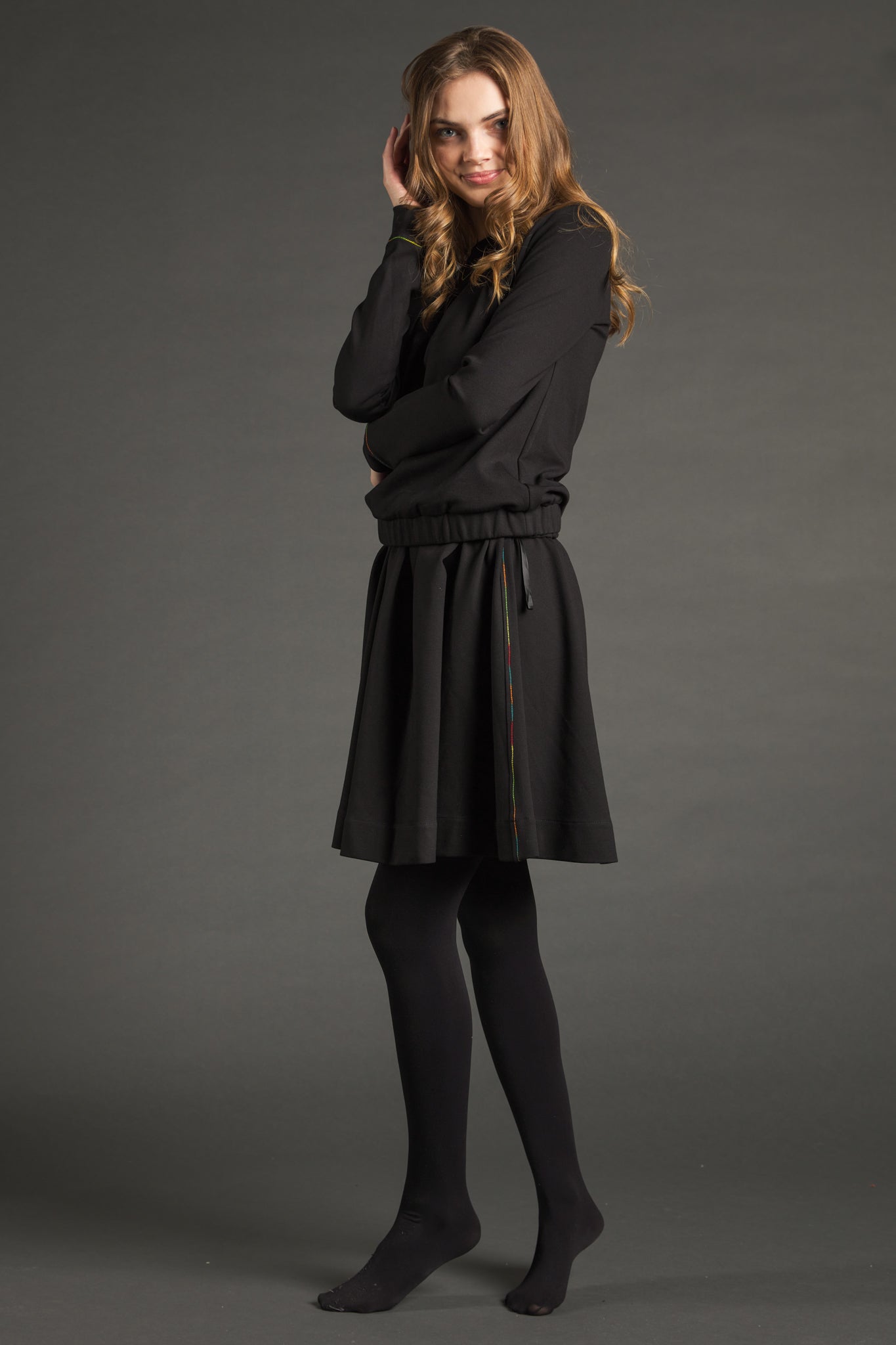 Black Sweatshirt Skirt With Multicolored Exposed Stitching