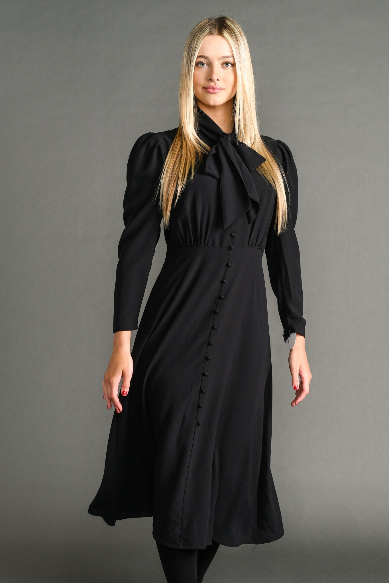 Black Tie Neck Button Front Dress