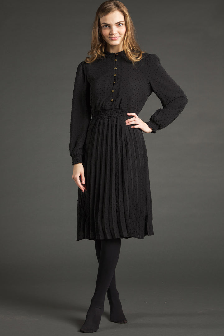 Black Dot Dress With Pleated Skirt