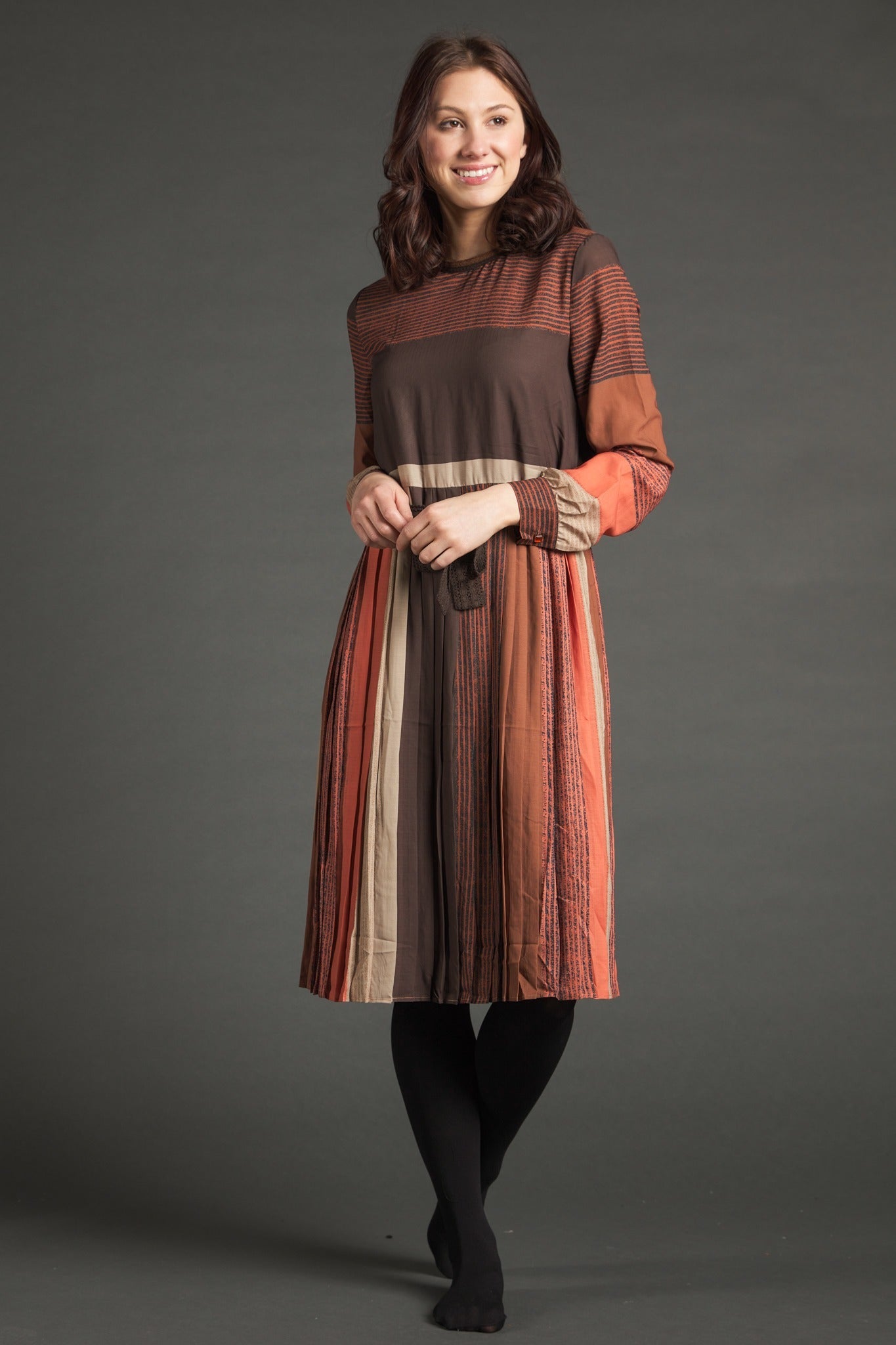 Brown And Tan Stripe Pleated Dress