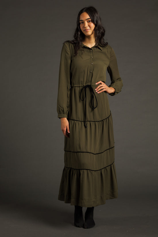 Olive Green Teired Maxi Shirt Dress