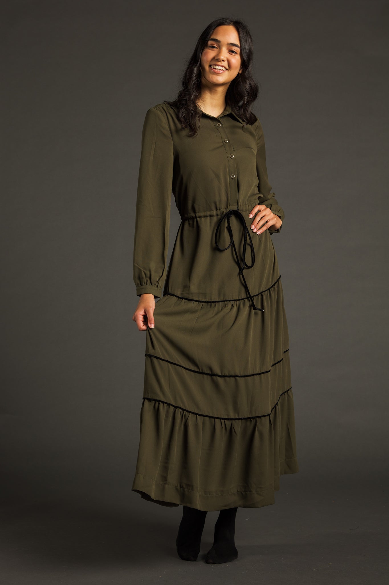 Olive Green Teired Maxi Shirt Dress