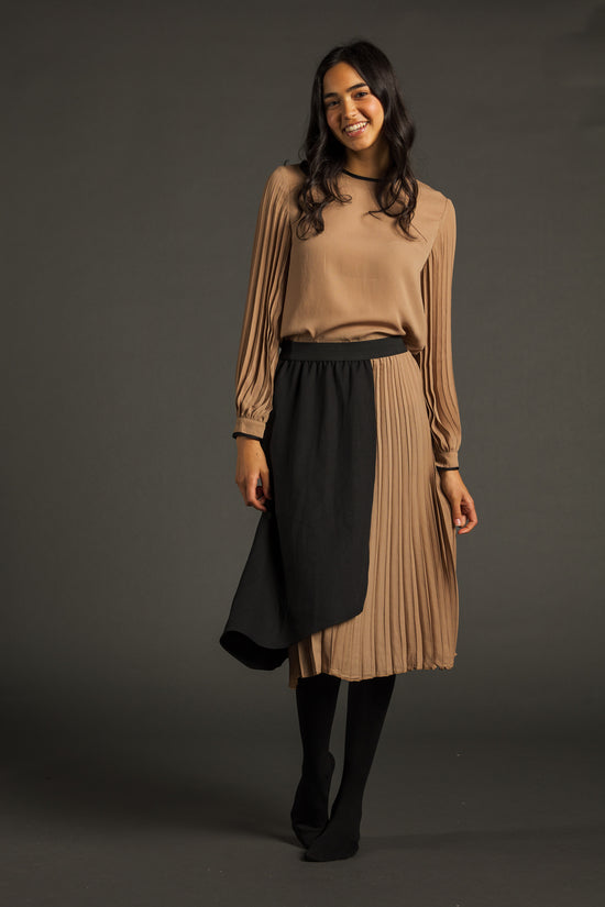 Tan And Black Top With Pleated Sleeves