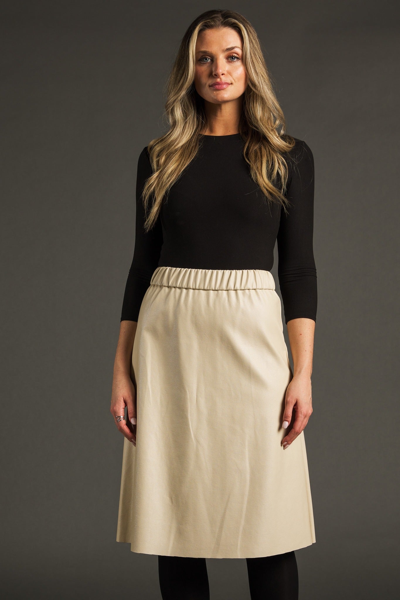 Solid Cream Leather Skirt