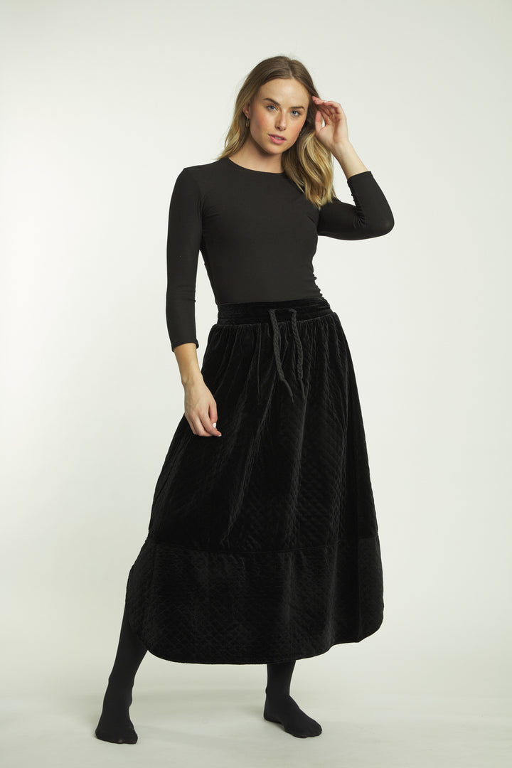 Black Quilted Velvet Skirt With Drawstring Waist