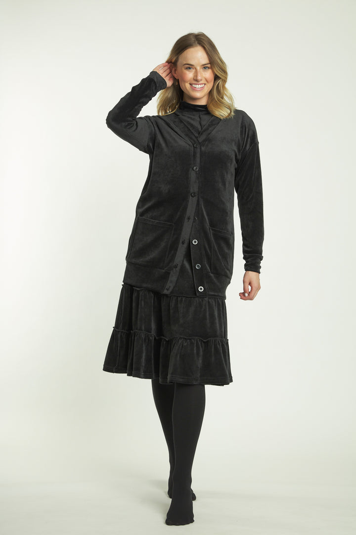 Black Velvet 2-Tiered Skirt With Elastic Waistband And Exposed Seams