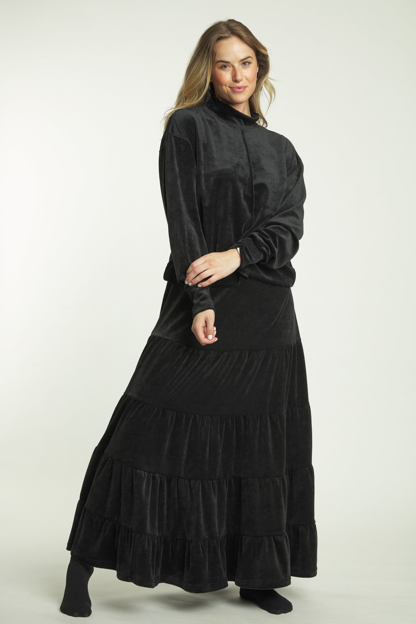 Black Velvet 4 Tiered Skirt With Elastic Waistband