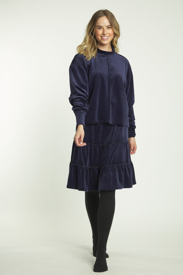 Navy Velvet Top With Exposed Seams