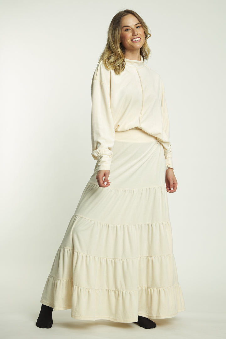 Ivory Velvet 4 Tiered Skirt With Elastic Waistband