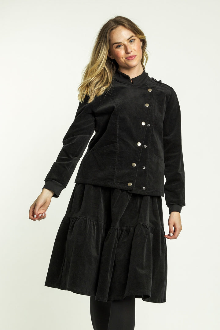 Black Corduroy Button Up Jacket With Ribbed Collar And Cuffs