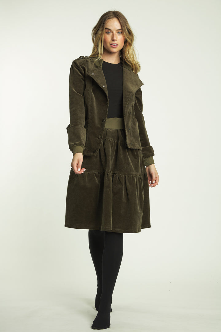 Olive Green Corduroy 2-Tiered Skirt With Elastic Waistband