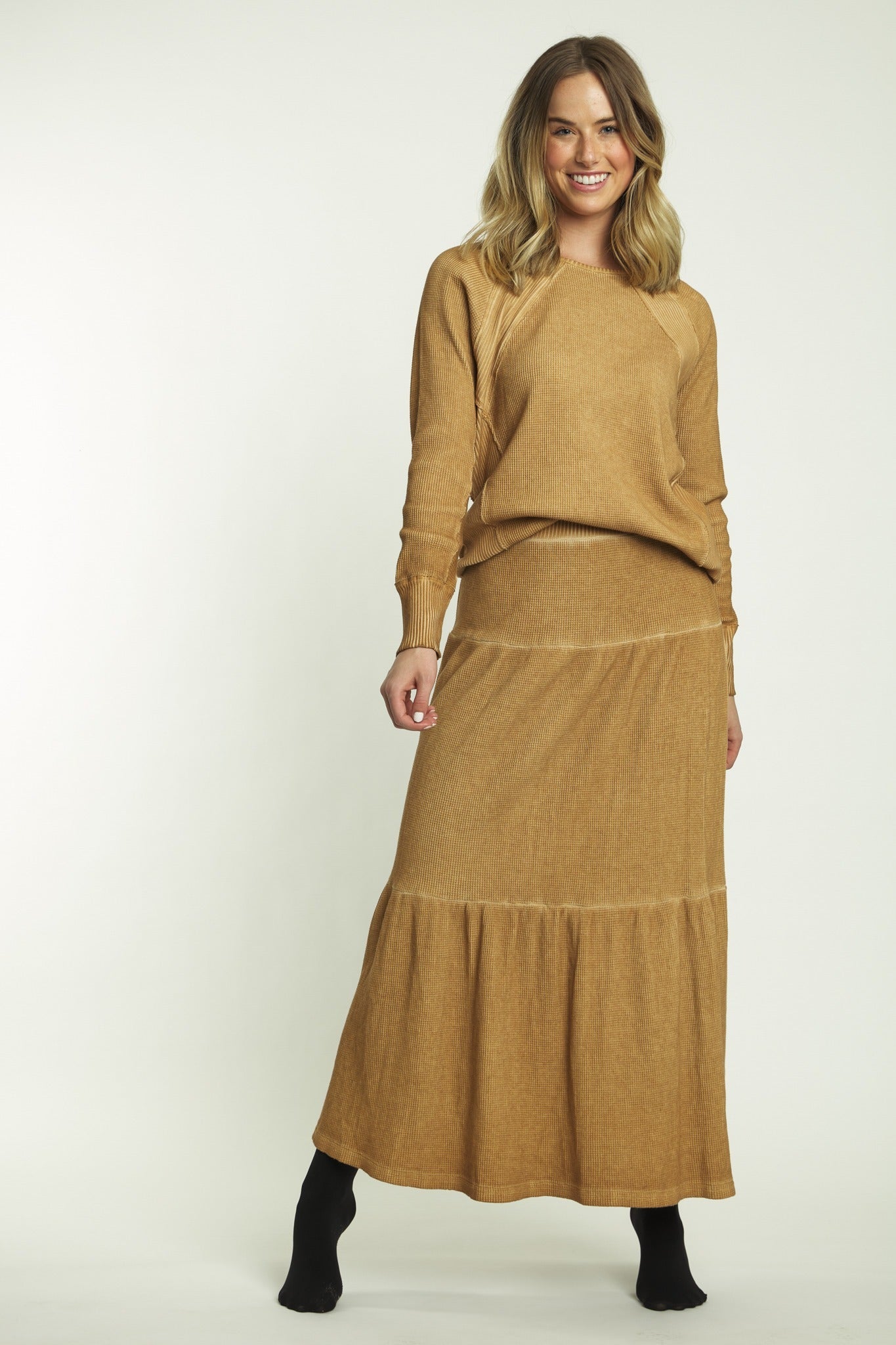 Camel Waffle Knit Two Tiered Longer Midi Skirt