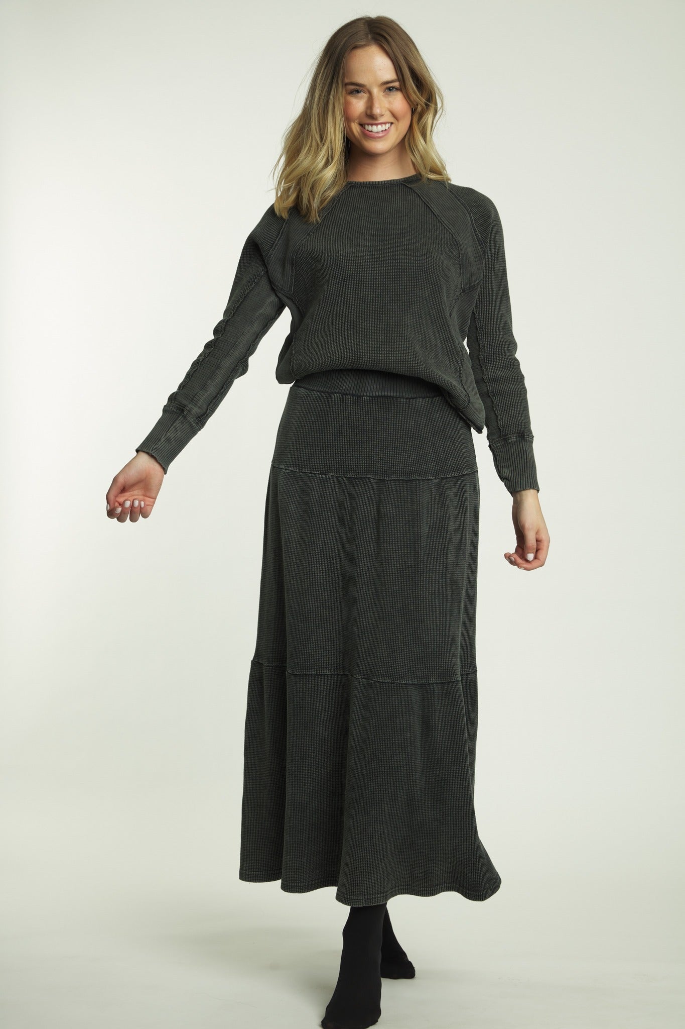 Black Denim Waffle Knit Two Tiered Longer Midi Skirt