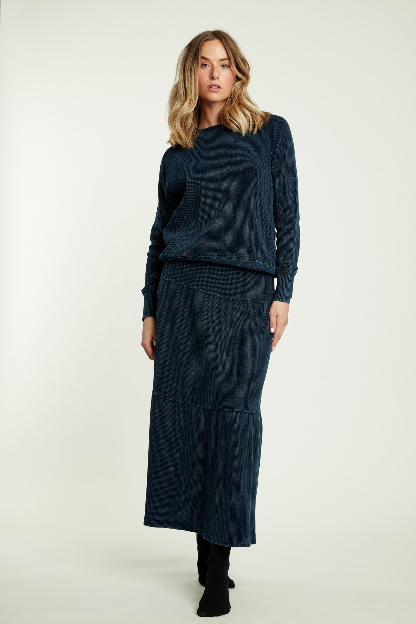 Navy Denim Waffle Knit Two Tiered Longer Midi Skirt