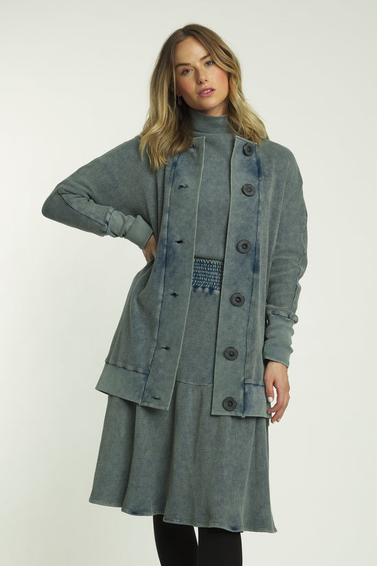 Blue Denim Waffle Knit Washed Cardigan With Big Black Buttons