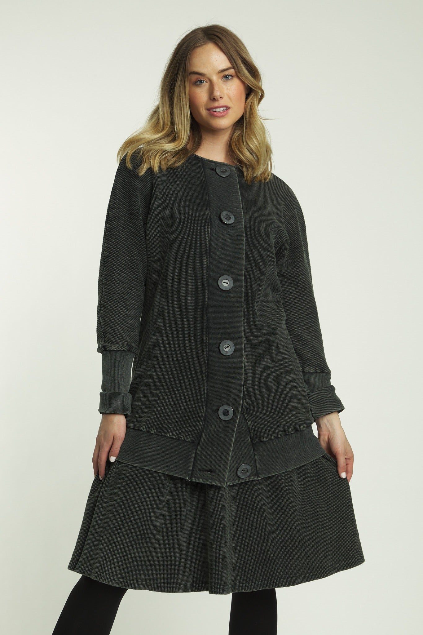 Black Denim Waffle Knit Washed Cardigan With Big Black Buttons