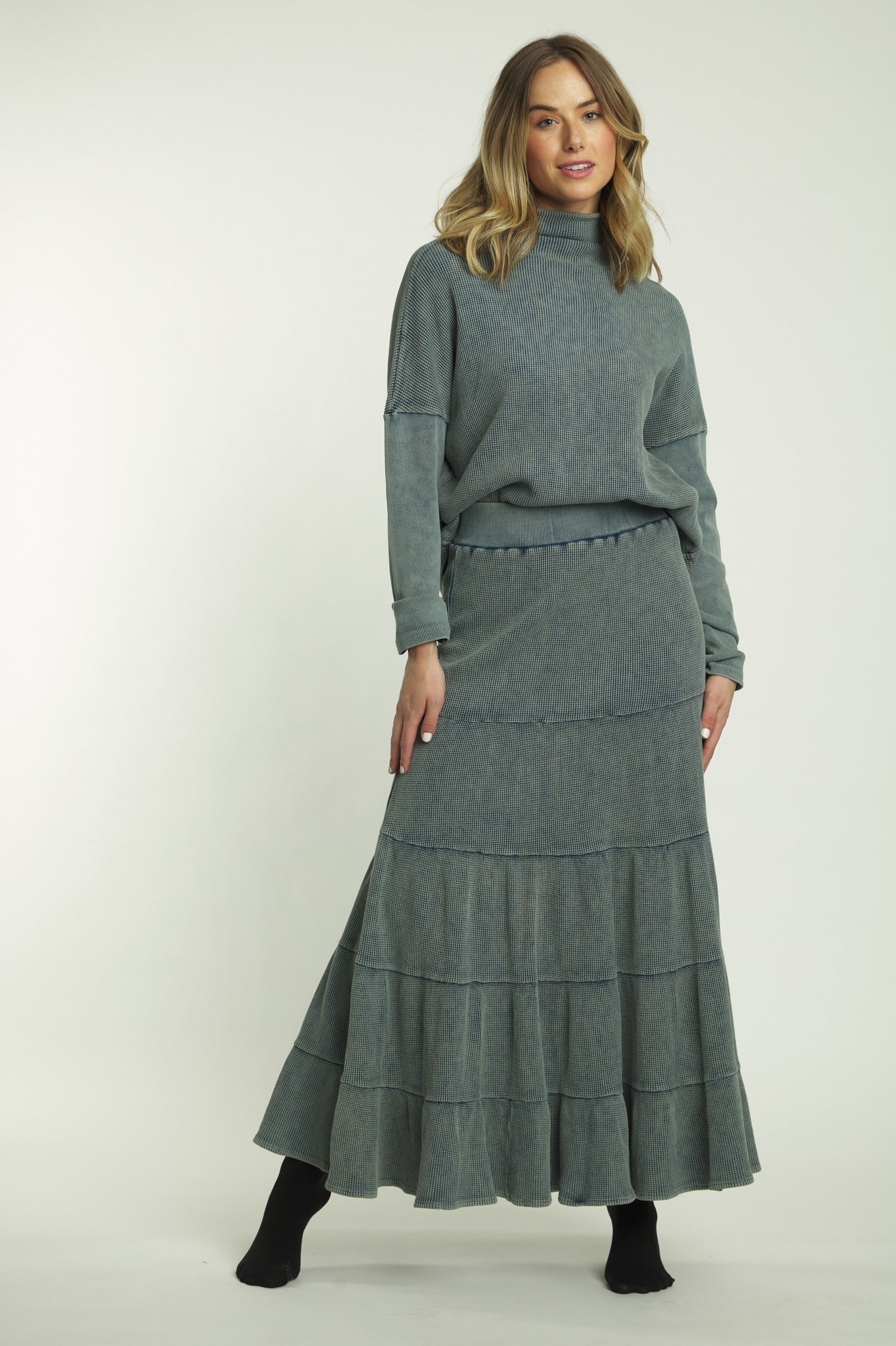 Blue Denim Waffle Knit Washed 4-Tiered Skirt