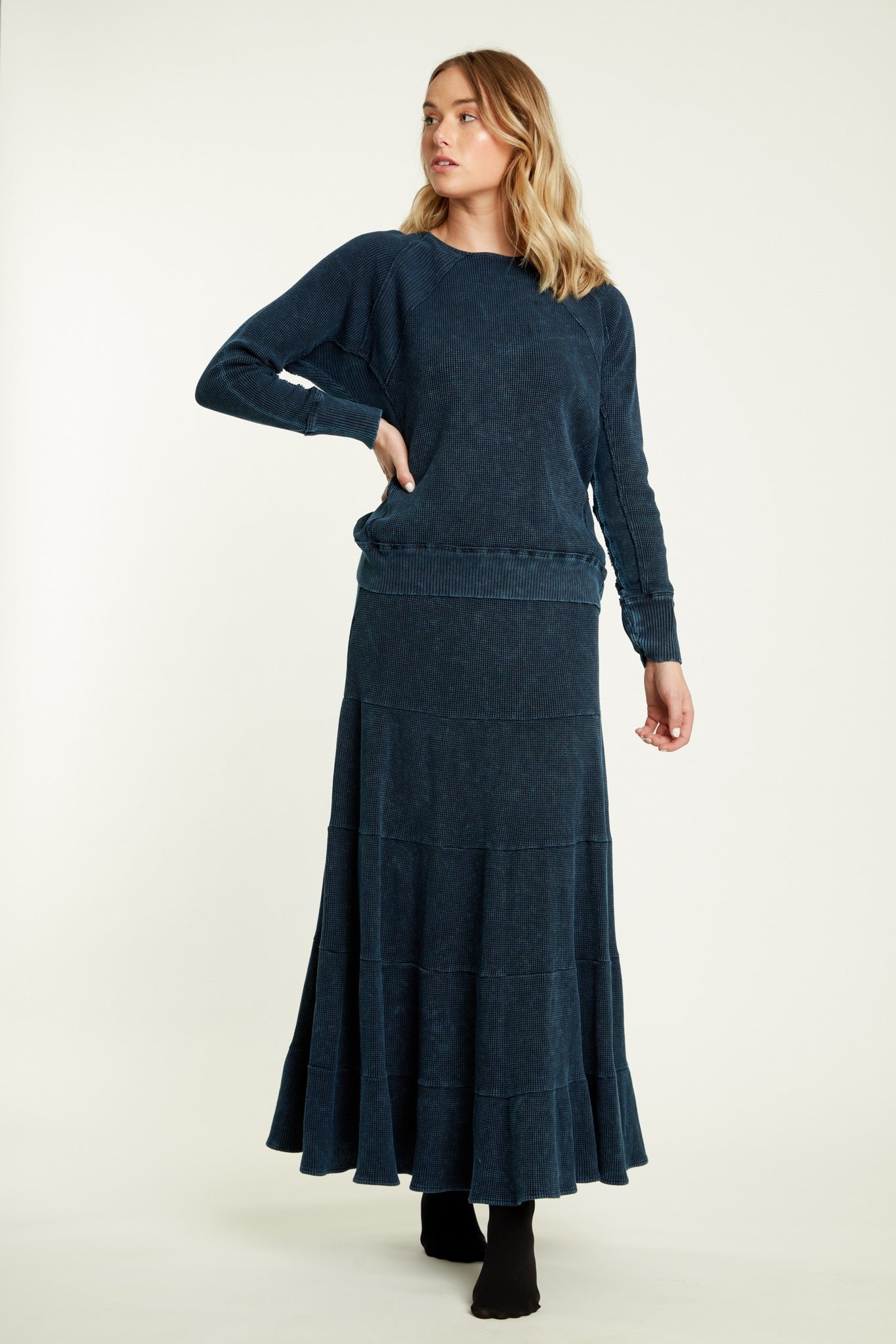 Navy Denim Waffle Knit Washed 4-Tiered Skirt