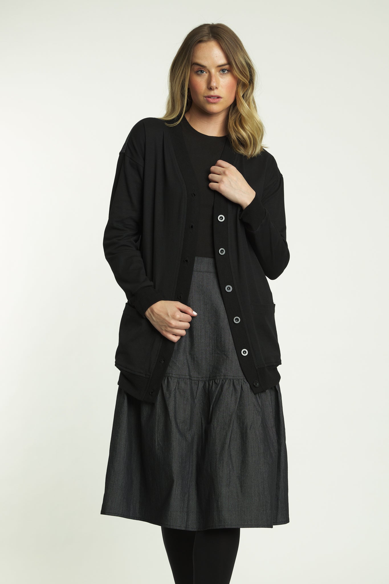 Black Denim Button-Up Cardigan With Denim Back