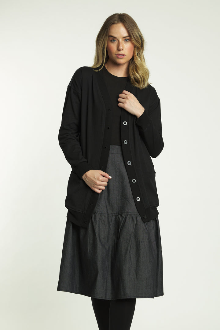 Black Denim Button-Up Cardigan With Denim Back