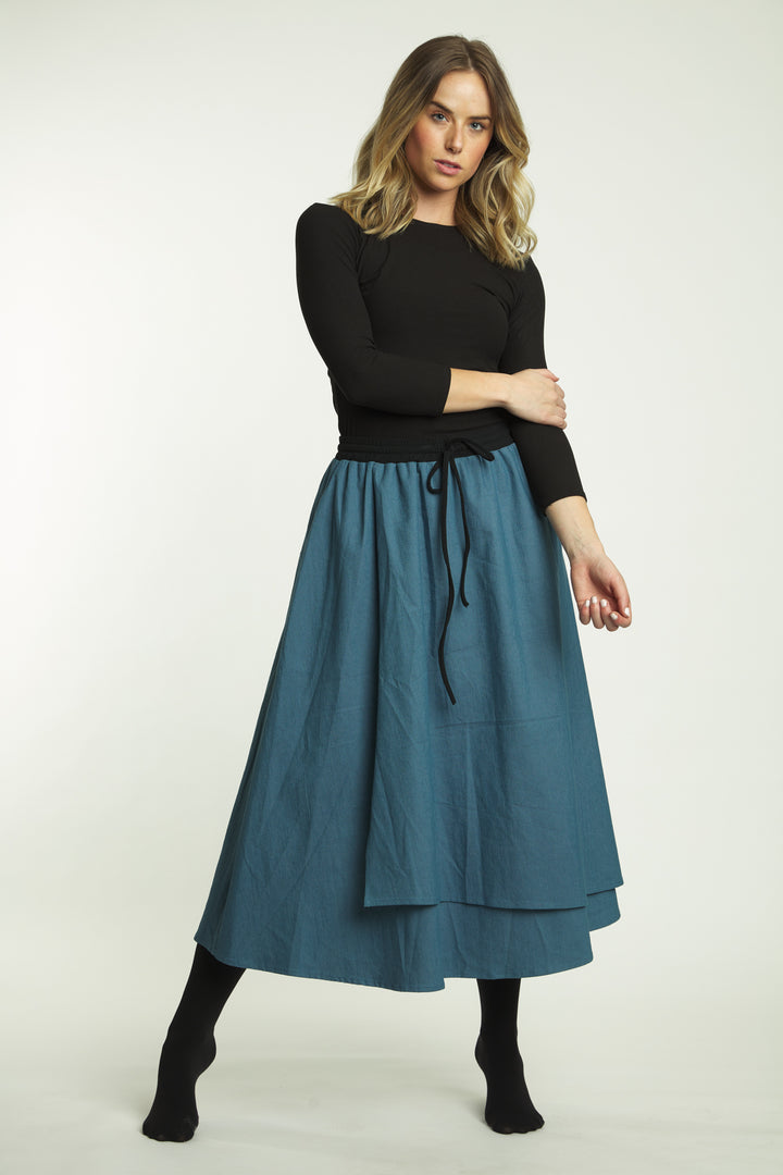 Blue Denim Denim Fake Wrap Skirt With Drawstring