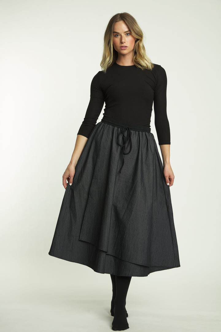 Black Denim Denim Fake Wrap Skirt With Drawstring