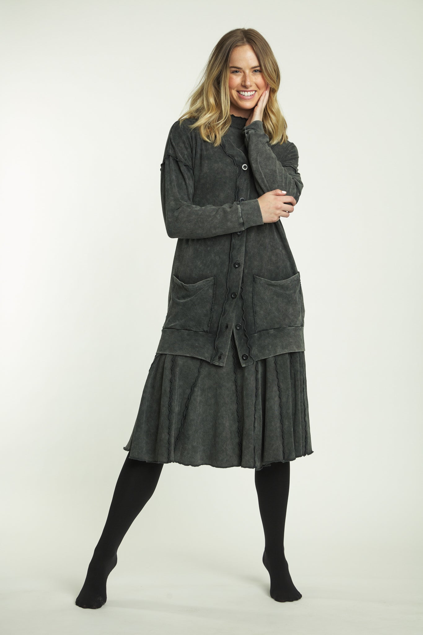 Black Wash Washed Button-Up Cardigan With Pockets And Exposed Seams