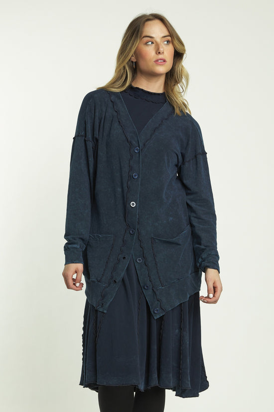 Navy Wash Washed Button-Up Cardigan With Pockets And Exposed Seams