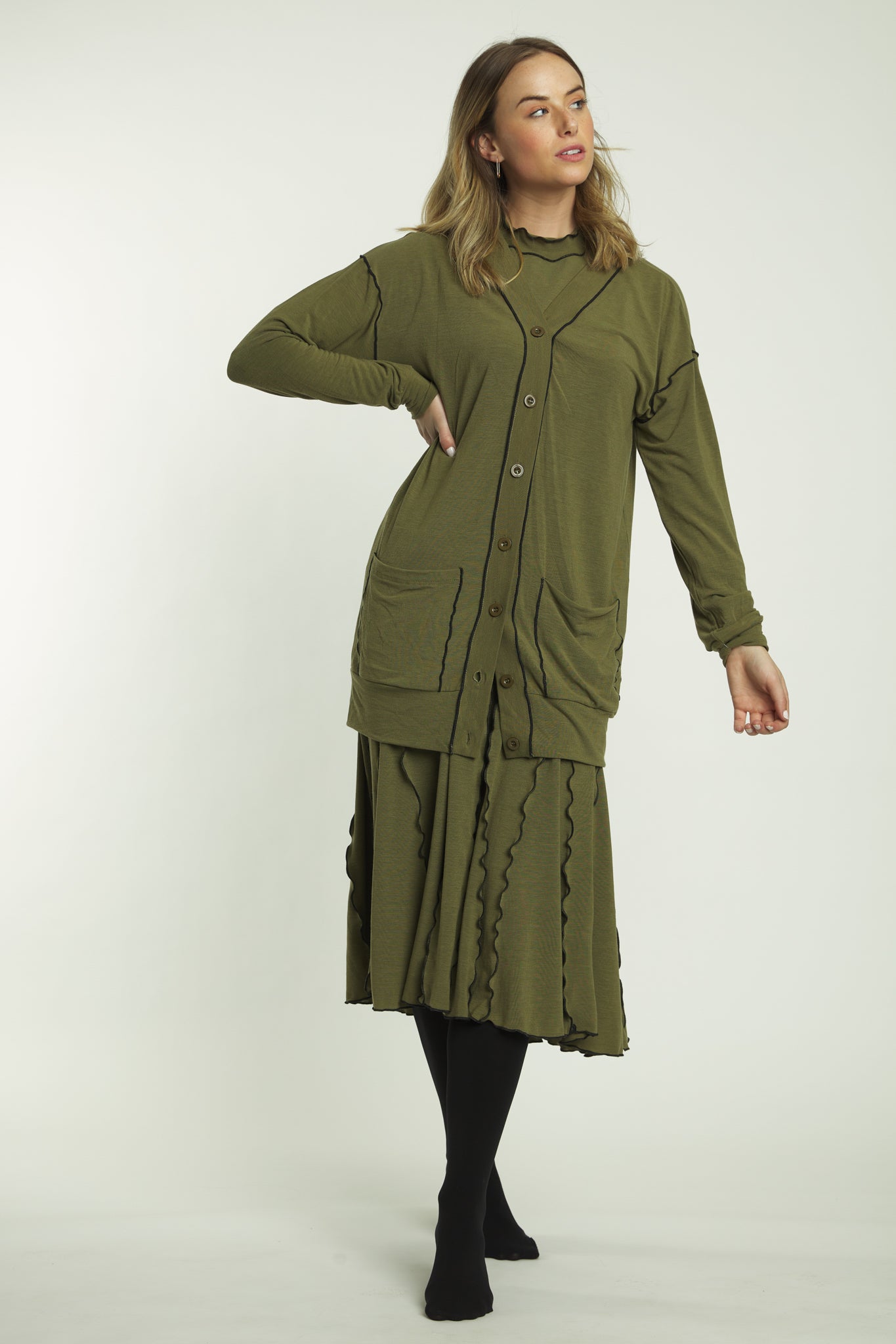 Olive (Solid) Button-Up Cardigan With Pockets And Exposed Seams