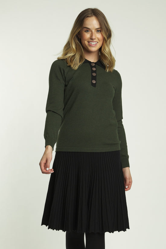 Olive/Black Knit Top With Golden Buttons And Flat Collar