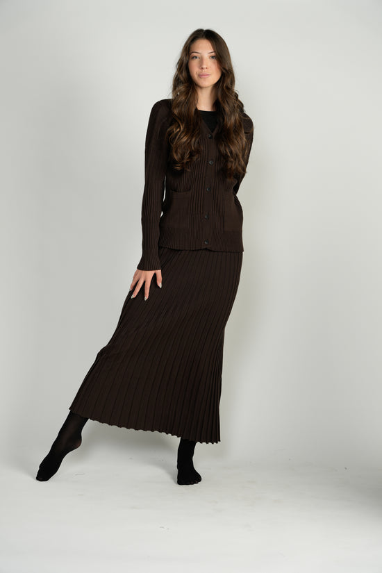 Dark Brown Ribbed Knit Cardigan With Marled Buttons