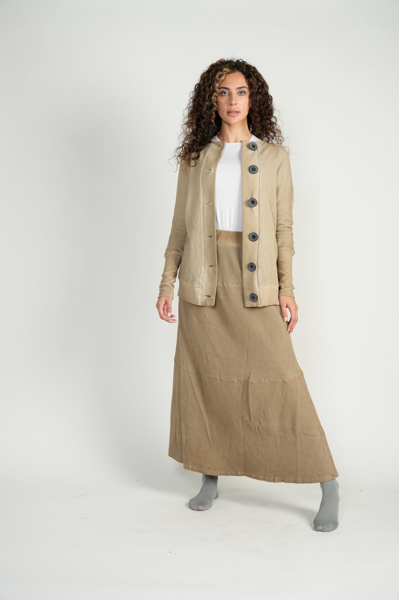 Camel Waffle Knit Washed 4-Tiered Skirt