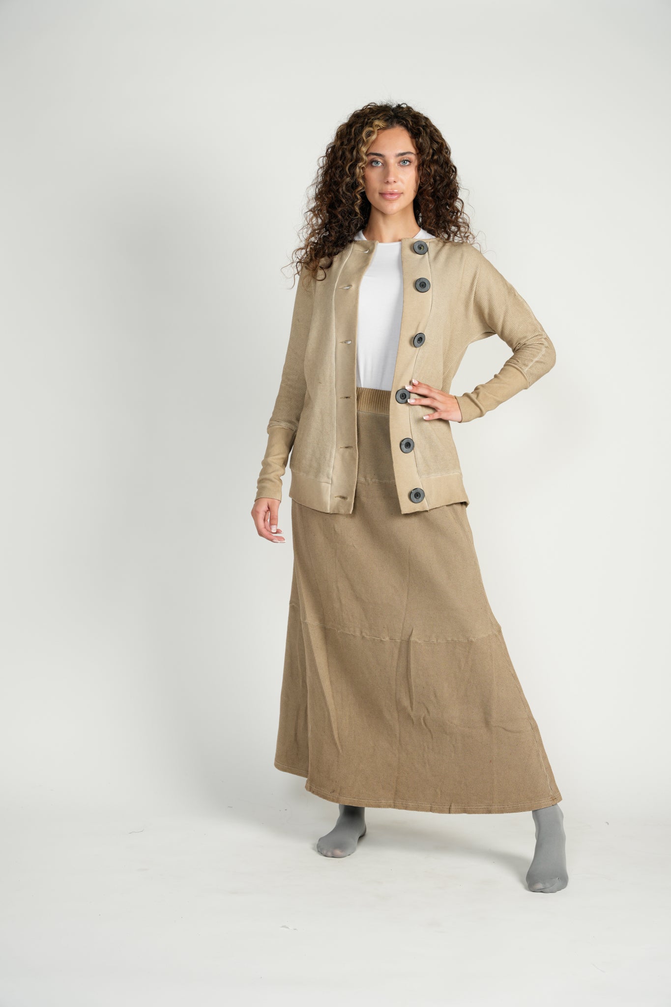 Camel Waffle Knit Washed 4-Tiered Skirt