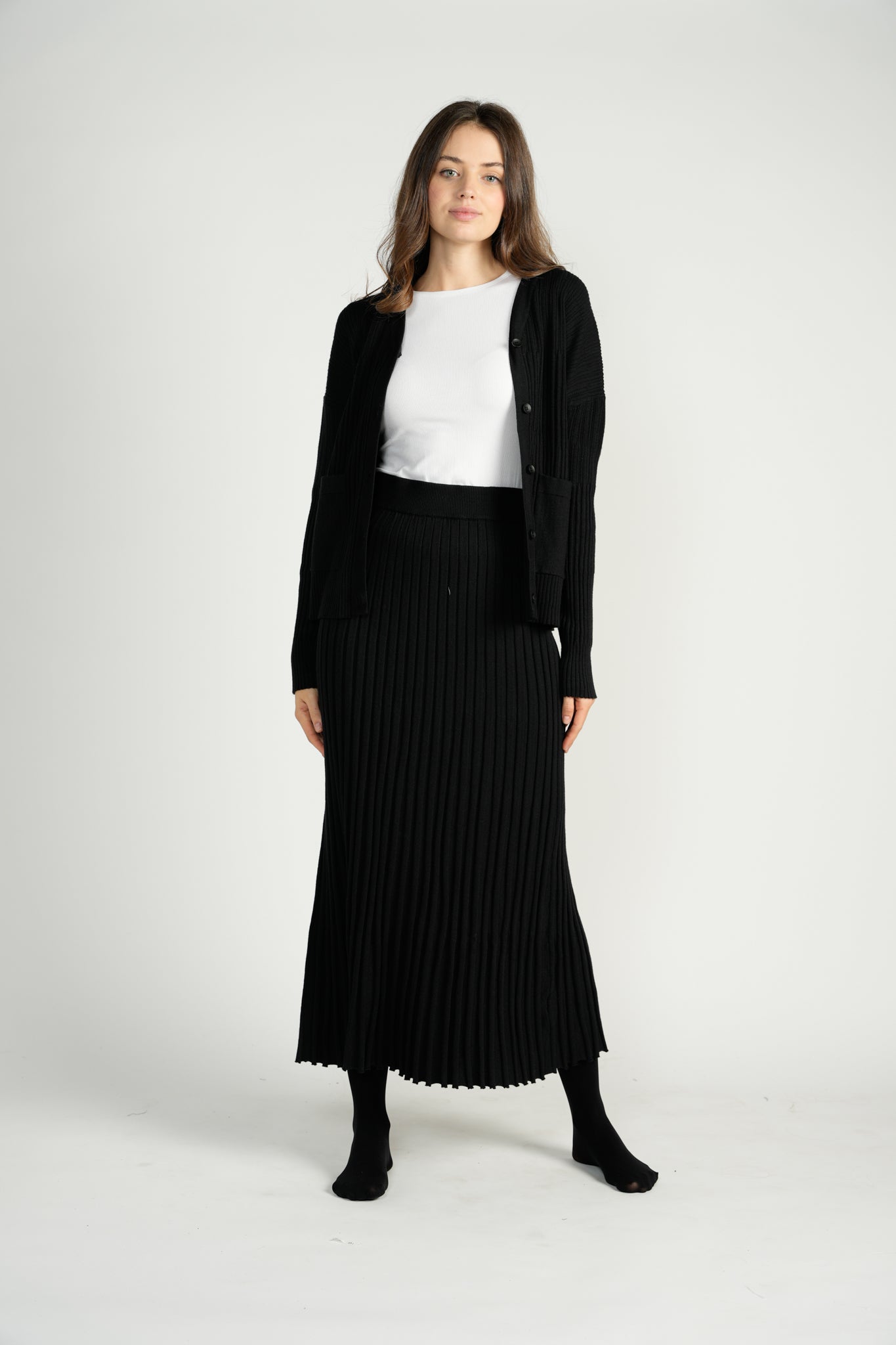 Black Pleated Long Midi Length Knit Skirt