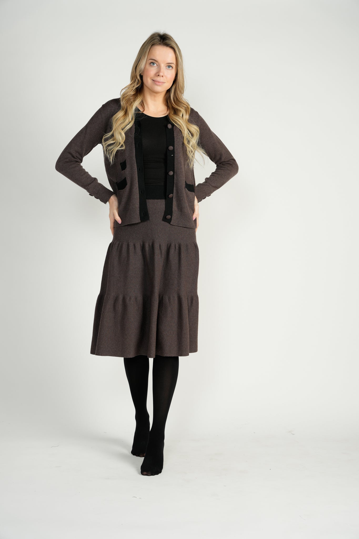 Heather Brown/Black 2-Tiered Knit Skirt With Elastic Waistband