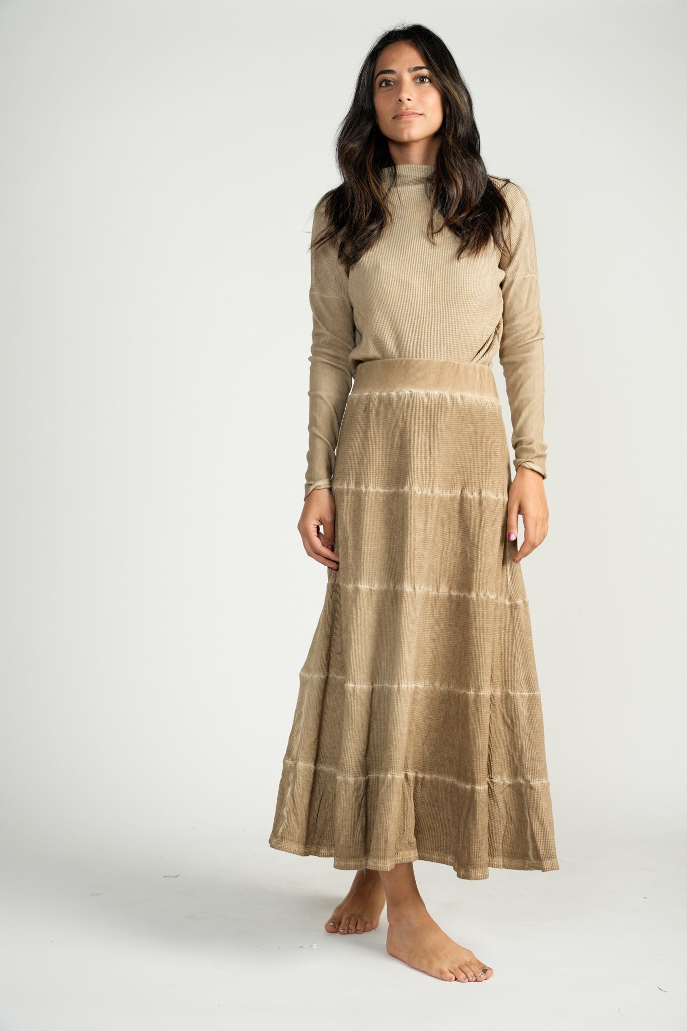 Camel Waffle Knit Washed 4-Tiered Skirt