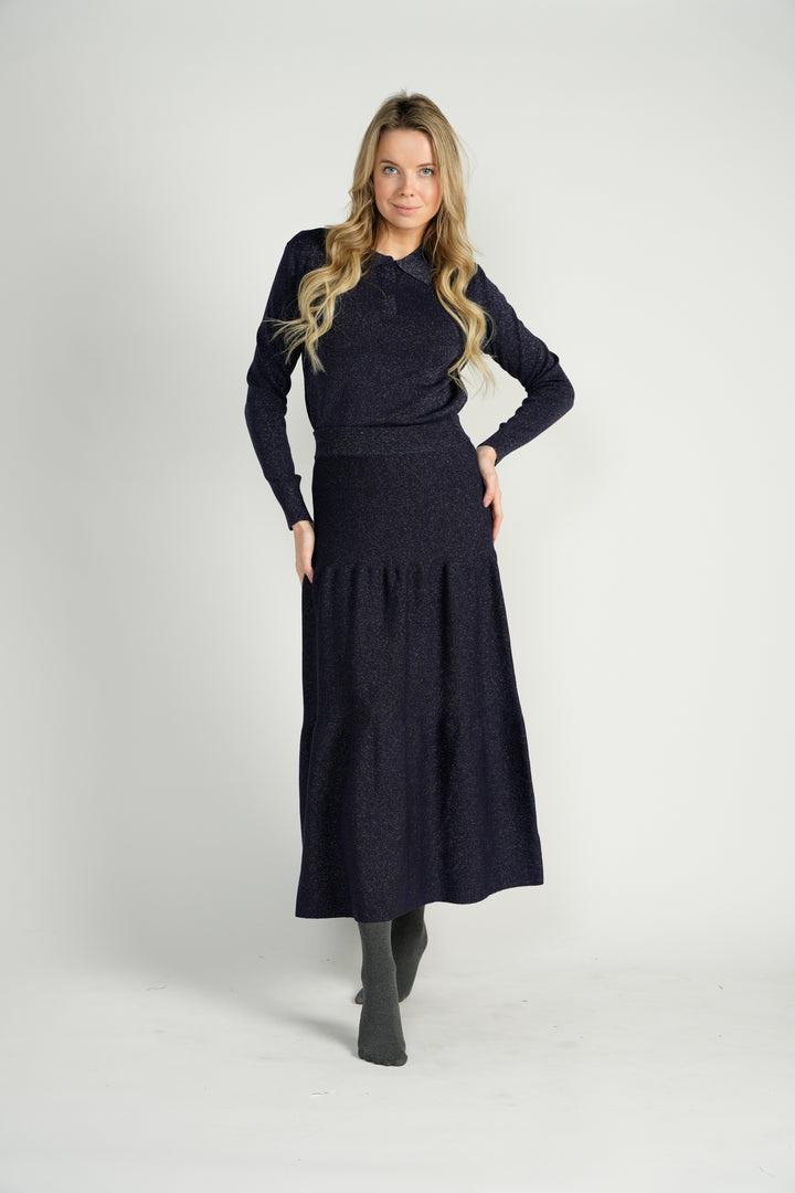 Navy Metallic Knit 2-Tiered Long Midi Skirt