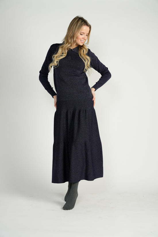 Navy Metallic Knit 2-Tiered Long Midi Skirt