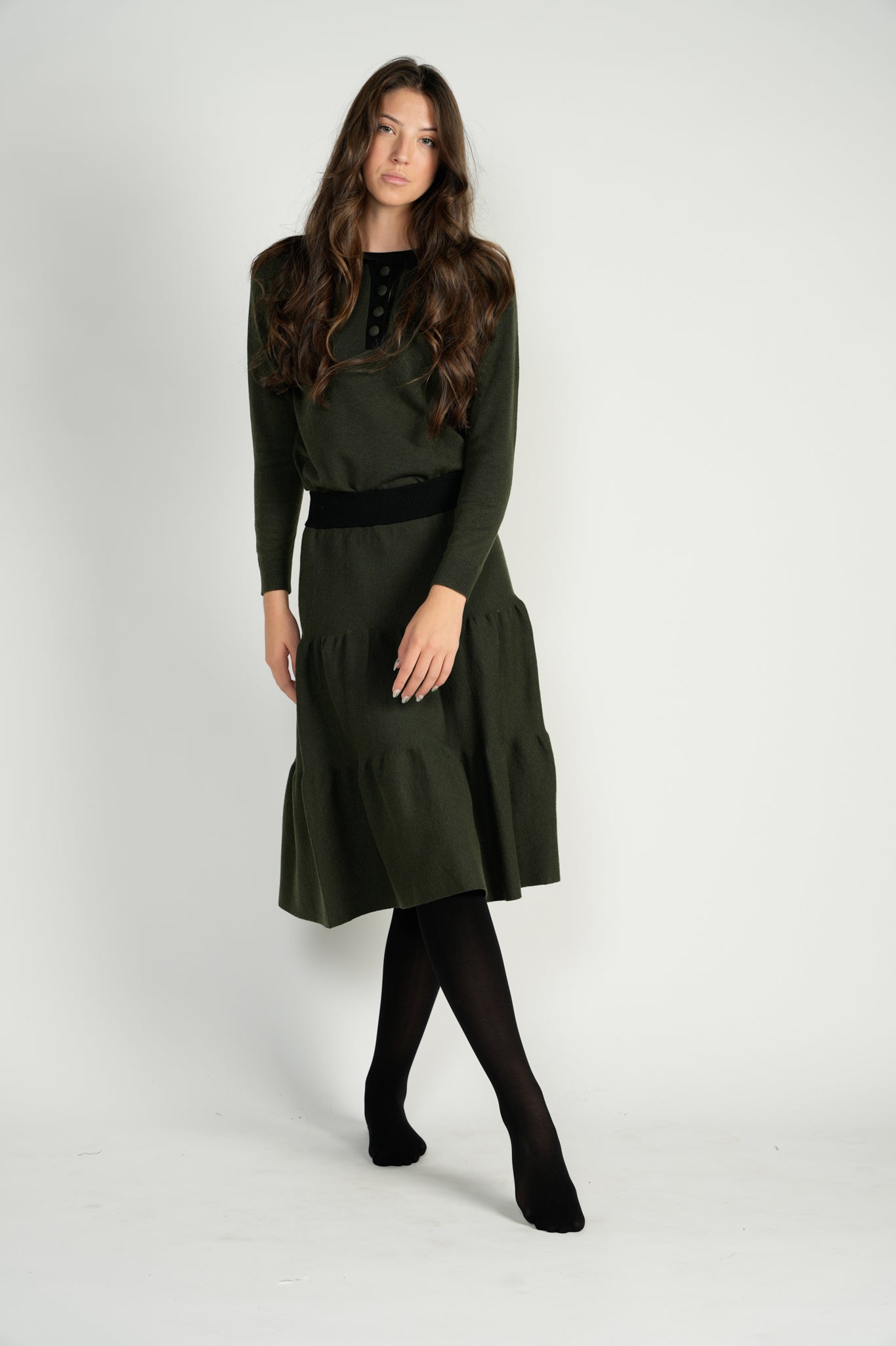 Olive/Black Knit Top With Golden Buttons And Flat Collar