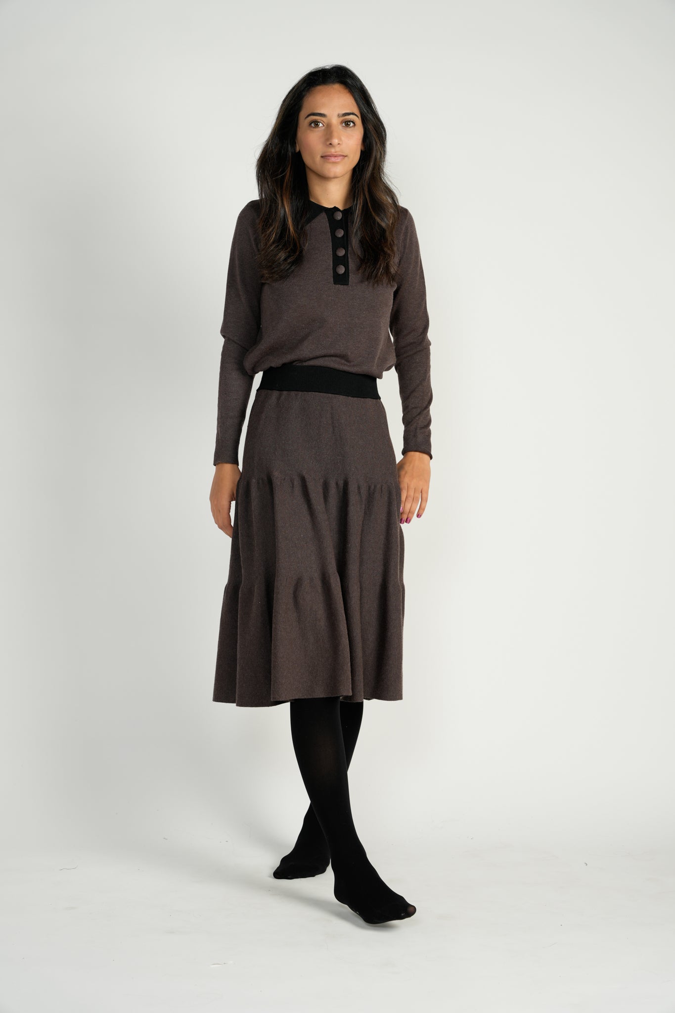 Heather Brown/Black 2-Tiered Knit Skirt With Elastic Waistband