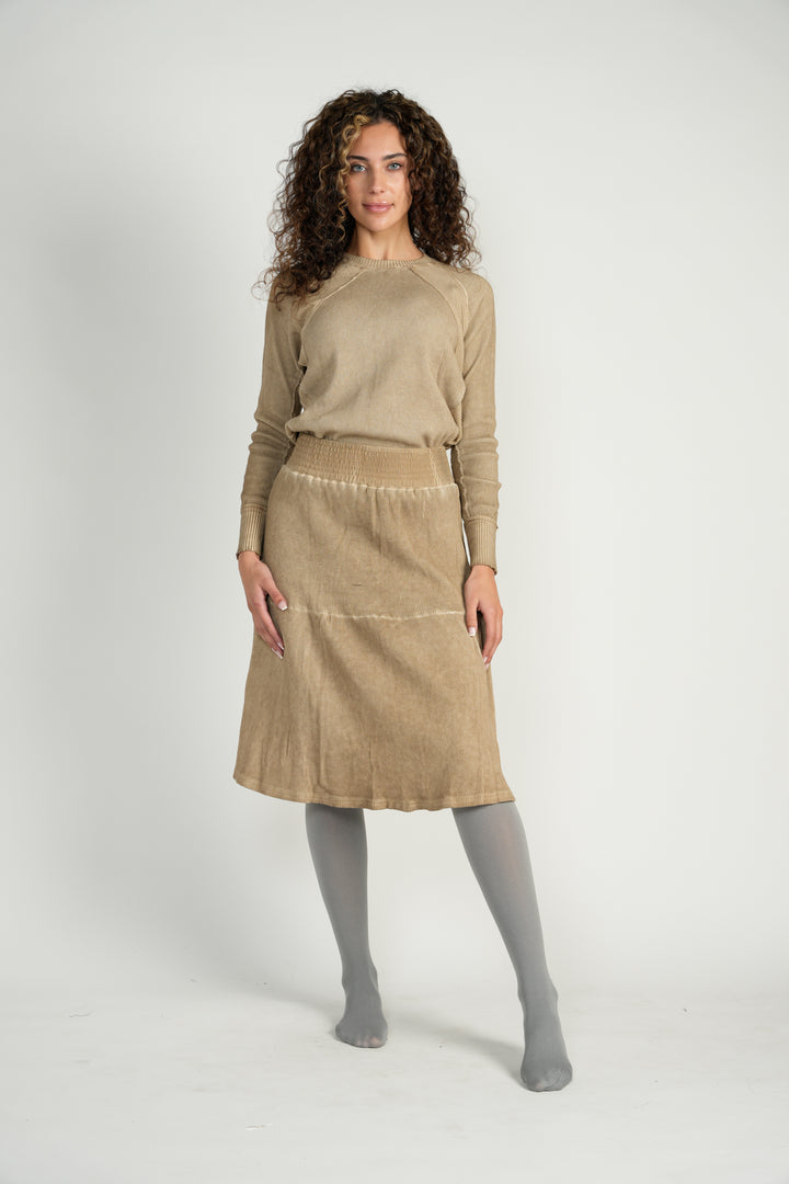 Camel Waffle Knit Washed Top With Ribbed Detail