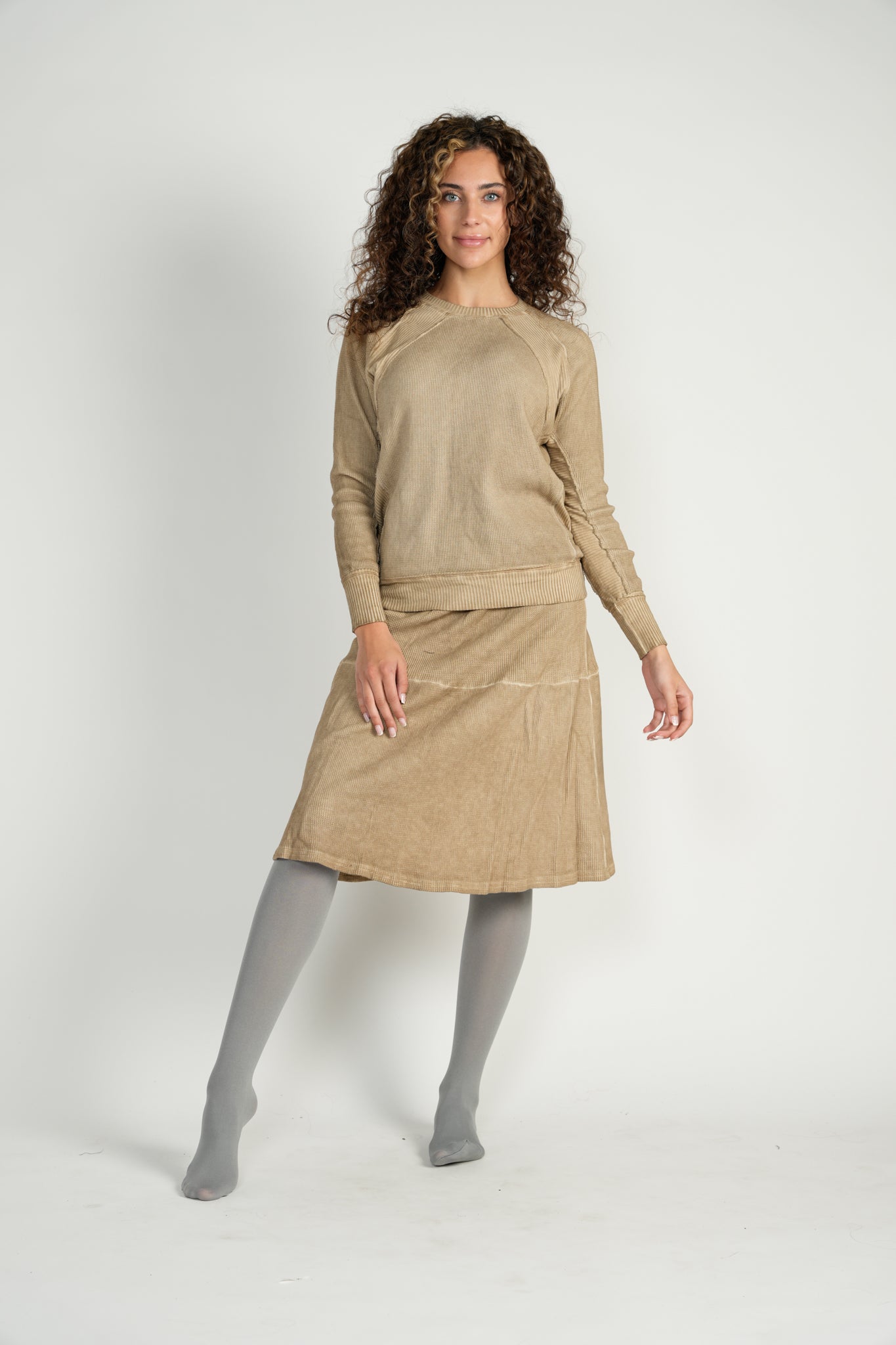 Camel Waffle Knit Washed Top With Ribbed Detail