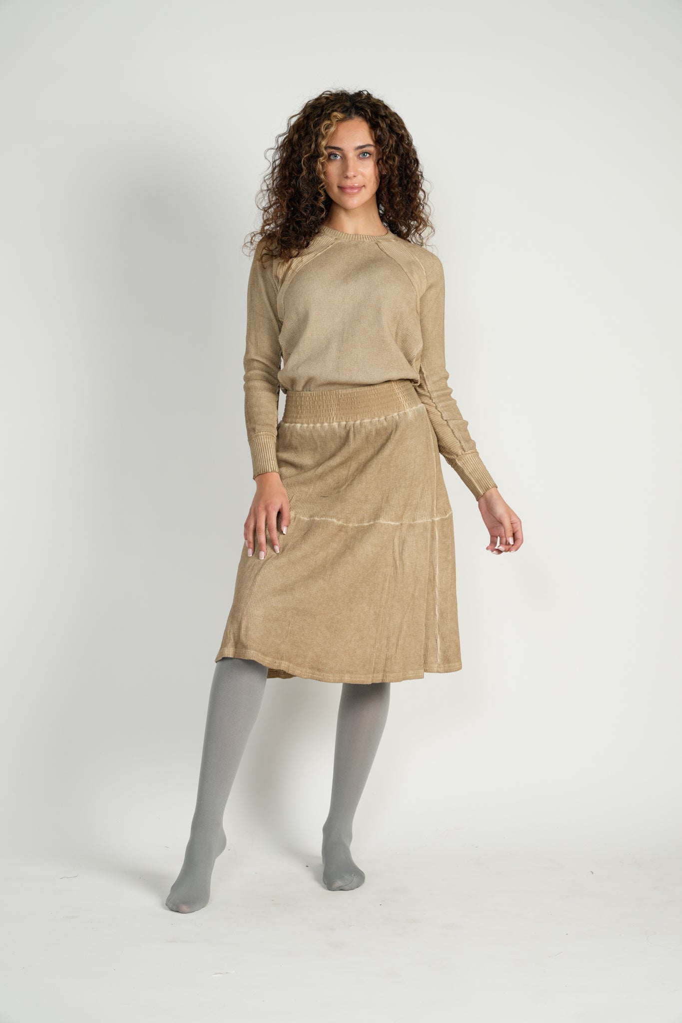 Camel Wash Waffle Knit Washed Regular Length Skirt